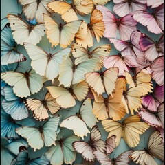 A myriad of delicate butterflies in soft pastel shades spread their wings on a tranquil blue surface