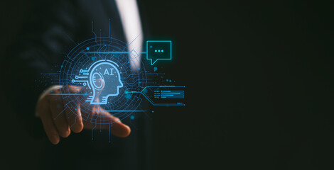 Ai technology concept, Artificial Intelligence, Businessman show virtual graphic Global Internet...