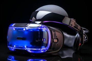 Gaming Console with Immersive Headset and Motion Controllers, on an isolated Virtual Reality Blue background, Generative AI