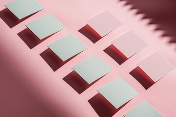 Obraz premium Stylish arrangement of blank mockup cards with contrasting shadows on a textured pink background