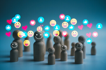 lifestyle and social media concept Social gathering with text message bubbles and icons on wooden dolls