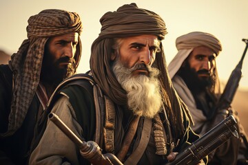 Three mature Islamic warriors with weapons. Liberators warriors in national costumes of their country.