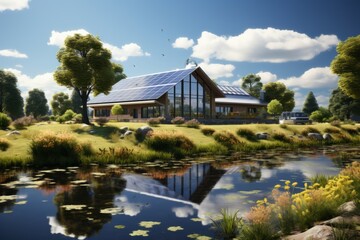 Obraz premium Hybrid Renewable Energy Station with Wind Turbines and Solar Panels, on an isolated Renewable Green background, Generative AI