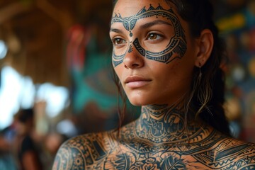 A young woman with unique tattoos on her face and neck representing complex patterns looks to the side, creating an impressive and expressive portrait