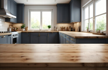 Empty wooden table with a blurred kitchen background and copy space
