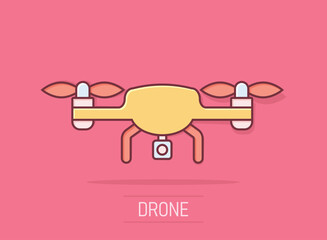 Drone quadrocopter icon in comic style. Quadcopter camera vector cartoon illustration on white isolated background. Helicopter flight business concept splash effect.