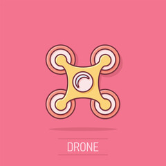 Drone quadrocopter icon in comic style. Quadcopter camera vector cartoon illustration on white isolated background. Helicopter flight business concept splash effect.