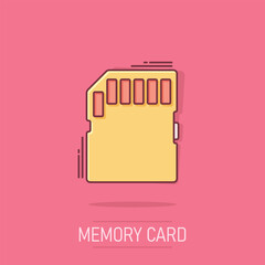 Micro SD card icon in comic style. Memory chip vector cartoon illustration on white isolated background. Storage adapter business concept splash effect.