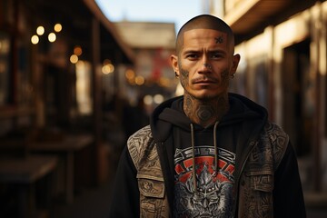 A man with tattoos on his face and neck in a sports hood stands on the street, concept: urban and rebellious lifestyle - obrazy, fototapety, plakaty