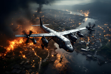 Naklejka premium Plane droping bombs on city in flames of explosions during war
