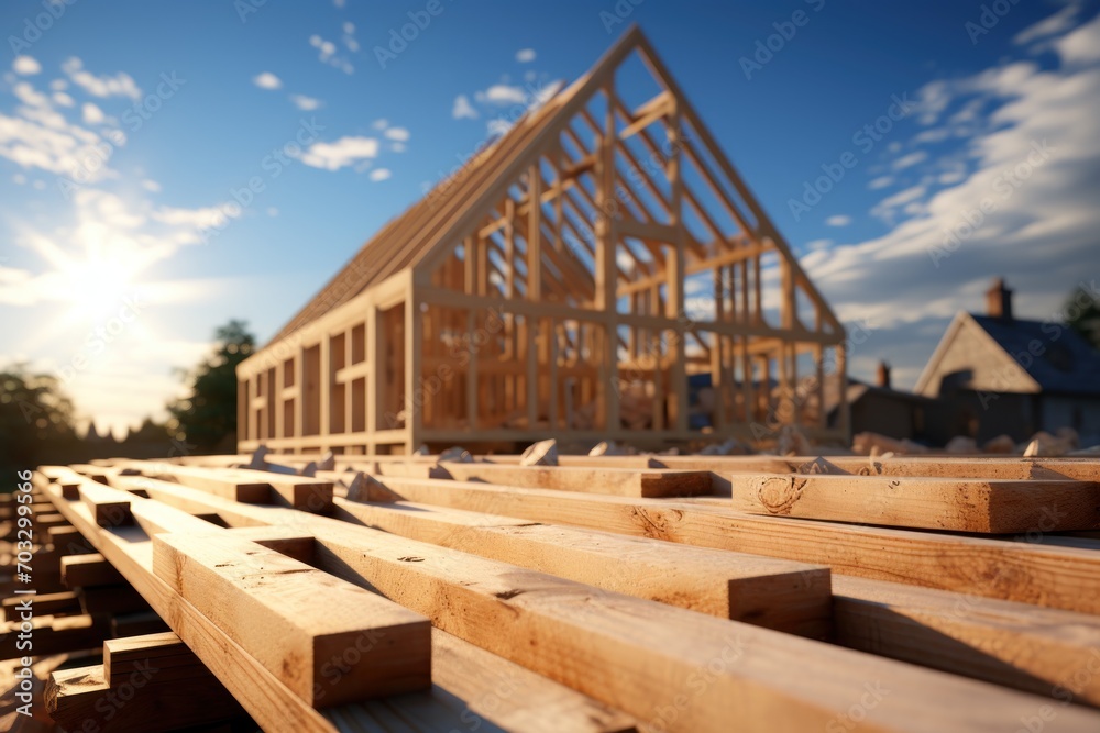 Wall mural a house takes shape with wooden framing against the expansive sky an ongoing construction project, c