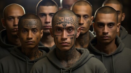 A group portrait of men with tattoos on their faces and heads stands out in the foreground, creating an image of unity and strength of the collective - obrazy, fototapety, plakaty