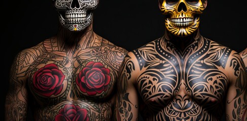 Two men with Day of the Dead tattoos, one with a white skull mask and the other with a gold one, against a black background, illustrating cultural traditions - obrazy, fototapety, plakaty