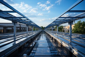 Sturdy steel framework on a flat roof against a clear sky, construction picture