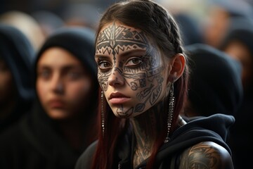 Naklejka premium Young woman with detailed tattoos on her face and ear tunnel earrings, standing out from the crowd, expressing individuality and self-expression