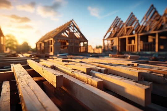 Construction of a wooden house under the open sky showing the process of building a cozy home in nature, construction picture