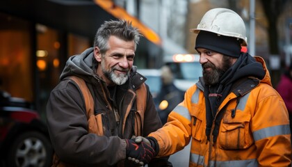 Fototapeta premium Pair of construction workers happily shake hands marking a successful partnership on the work site, construction site photo