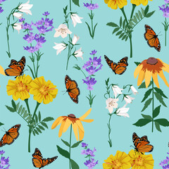 Seamless vector illustration with marigolds, campanula, lavender and butterflies