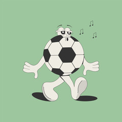 Obraz premium Cartoon groovy soccer ball. Vector illustration in retro style of the 60s-70s. Print, sticker, design element.