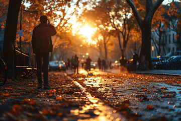 Backlit figure walking on an autumnal city street at sunset