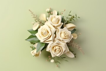 composition of beige flowers on a light green background, 3D. Wedding floral arrangements