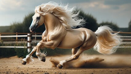 Obraz na płótnie Canvas Majestic Palomino Horse Galloping in Sunlit Dusty Arena. Stallion with Flowing Silver Mane.