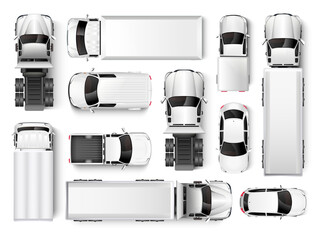 Top view of cars and trucks. Isolated realistic vehicles on a white background. Vector illustration
