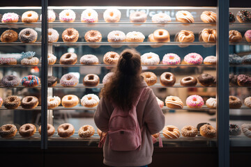 Woman viewing donuts displayed in a shop window at night