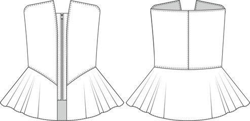 zippered straight across neckline peplum hem strapless sleeveless blouse template technical drawing flat sketch denim jeans cad mockup fashion woman design style model
