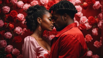 African-American curly couple in love on Valentine's Day - obrazy, fototapety, plakaty