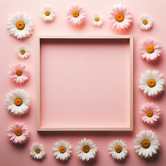 Pink background with chamomiles frame. Beautiful chamomile daisy flower on pastel pink background. Minimalist floral concept. Creative summer or spring backdrop. Flat lay, top view with copy space 