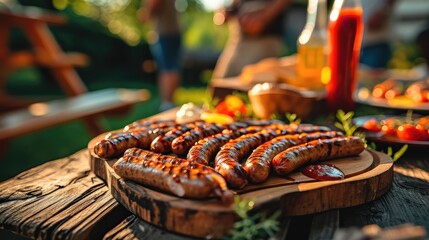 Fried sausage with vegetables on a wooden board. AI generated.
 - obrazy, fototapety, plakaty