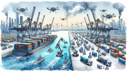 The watercolor image showcases a bustling port scene with cargo ships, cranes, drones, trucks, and wind turbines in the background, symbolizing a blend of industry and renewable energy. - obrazy, fototapety, plakaty