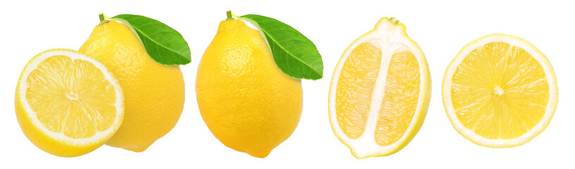 lemon fruit with leaves, slice and half isolated, Fresh and Juicy Lemon, transparent PNG