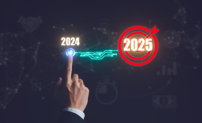 hand press start button to corporate future growth 2024 to 2025. Planning, opportunity, challenge...