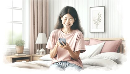 Happy woman using smartphone in bed.