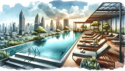 Rooftop pool with city skyline view.