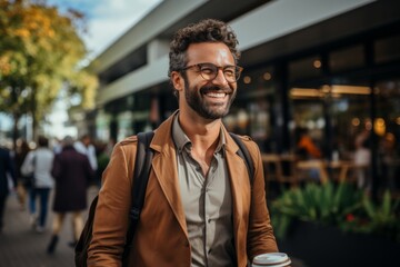 Fototapeta premium Cheerful businessman enjoying his city stroll, laptop and coffee cup adding to his cityscape experience, Generative AI