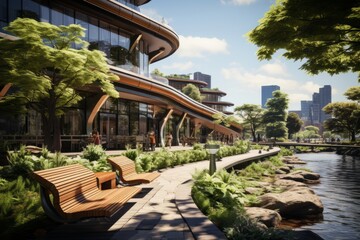 Urban Park with Solar Benches and Integrated Energy Storage Units, on an isolated Urban Park Green background, Generative AI - obrazy, fototapety, plakaty