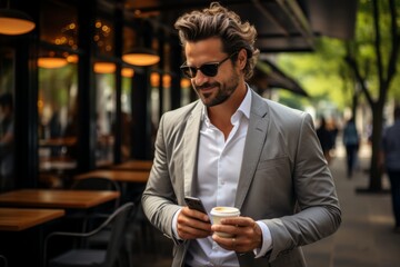 Confident businessman making the most of his walk, laptop and coffee cup in hand, as he enjoys the urban scenery, Generative AI