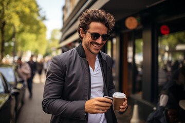 Enthusiastic entrepreneur making the most of his walk in the city, with a laptop and coffee cup to keep him energized, Generative AI