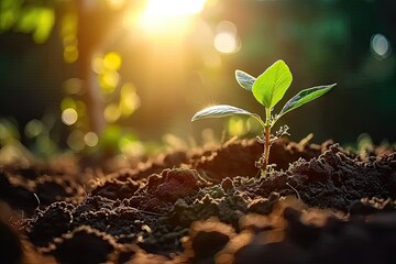 Nurturing nature promise young seedling sprouting from rich fertile soil. Green beginnings. Close up of tiny symbolizing growth and life. Sustainable agriculture. Fresh emerging from earth embrace