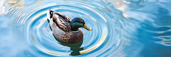 duck swimming in water with water rings. - obrazy, fototapety, plakaty