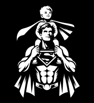 Vector art dad in superhero costume holds son on his shoulders, Happy Father's day