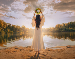 Art happy fantasy woman standing praying by river bank water sun light green tree girl raised hand...