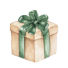 Gift vintage cardboard box tied with green ribbon and bow. Watercolor illustration for holiday, birthday, isolated on a white background.