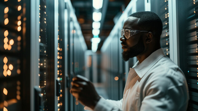 Jeune homme s'occupant de la maintenance et de g&eacute;rer les serveurs informatique, m&eacute;tier technicien dans un datacenter ou sysadmin