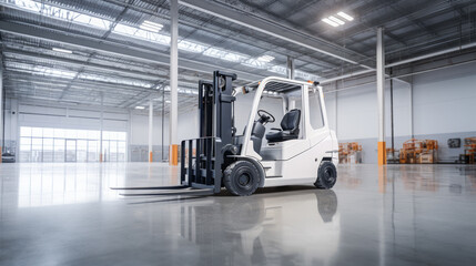 Electric forklift waiting in empty warehouse, ready for operation. Logistic efficiency concept. Generative AI