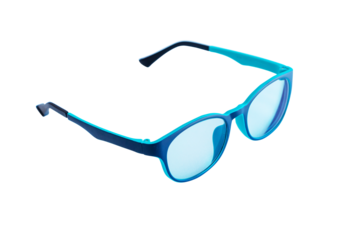 Blue eyeglasses isolated on cut out PNG. spectacles with shiny blue frame For reading daily life To a person with visual impairment. White background as background health concept with copy space