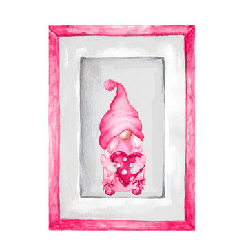 Picture in frame. Watercolor poster of gnome with pink heart.Illustration for Valentine's day isolated on white background.